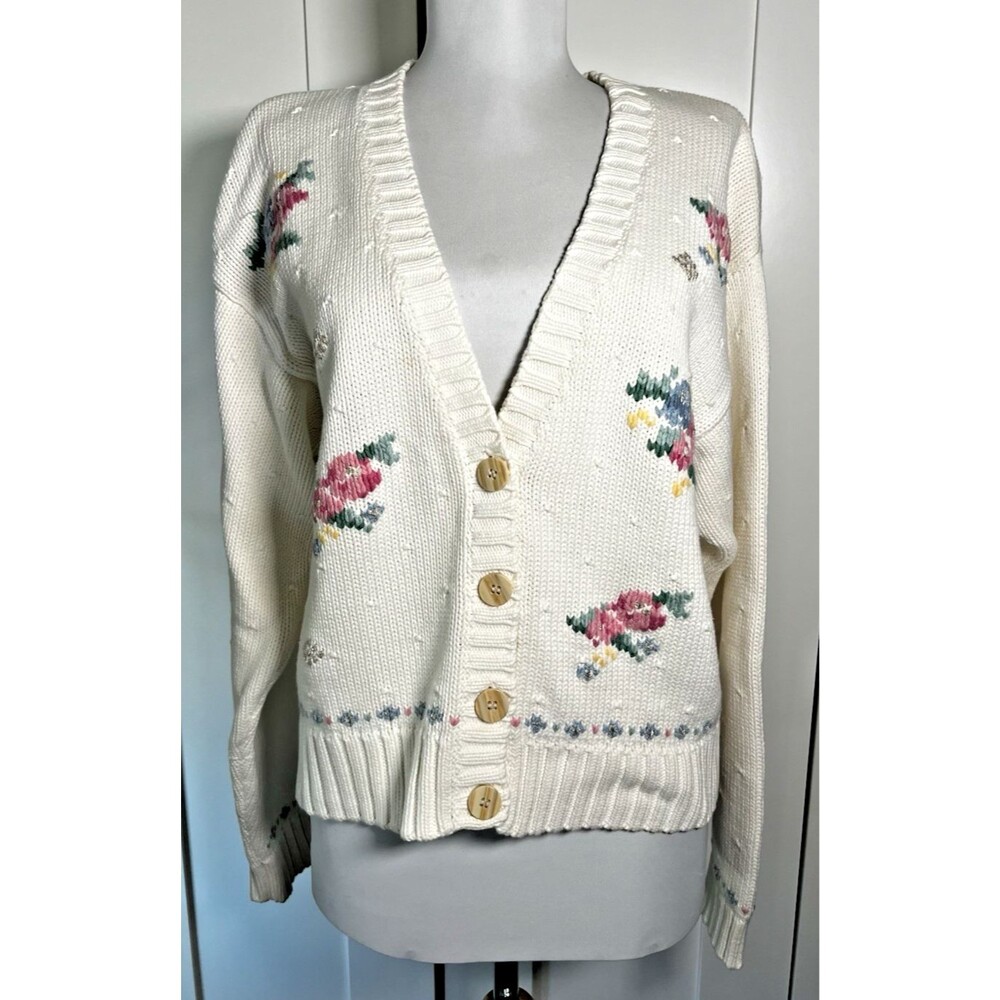 Liz Sport Petite M Floral Knit Cardigan Sweater Embroidered Button Cotton